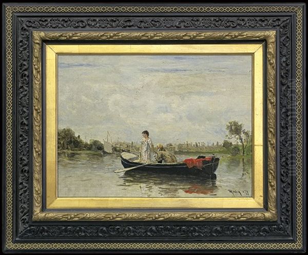 Couple In A Boat Oil Painting by Heinrich Rasch