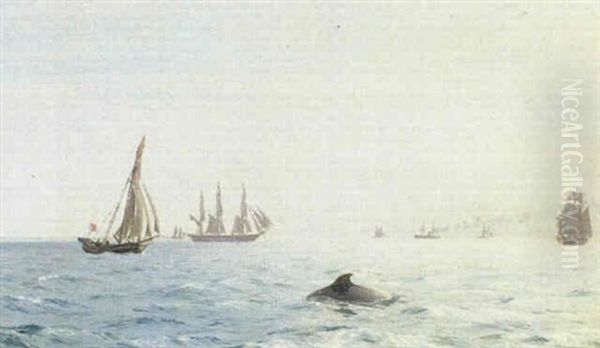 Marine, Talrige Sejlskibe Og Dampere Pa Havet, I Forgrunden Springende Marsvin Oil Painting by Carl (Jens Erik C.) Rasmussen
