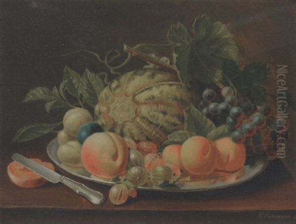 Opstilling Med Vandmelon, Ferskner Og Stikkelsbaer Pa Et Bord Oil Painting by Niels Peter Rasmussen