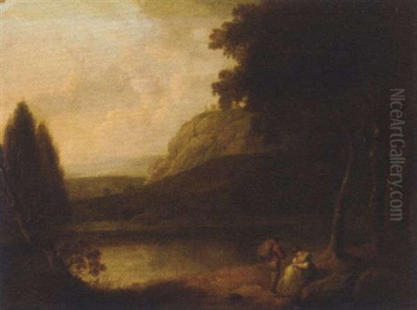 Travellers Camped On A Riverbank In An Extensive Landscape Oil Painting by John Rathbone