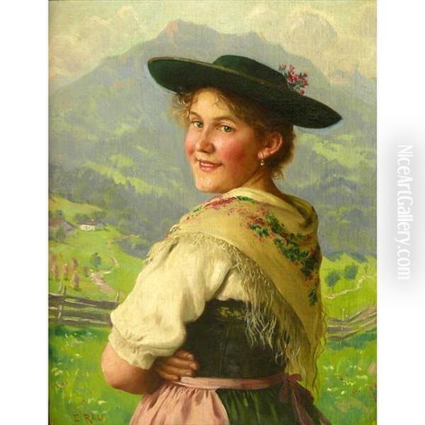 Lachelndes Madchen In Tracht Vor Gebirgskulisse, Uber Ihre Linke Schulter Blickend Oil Painting by Emil Rau