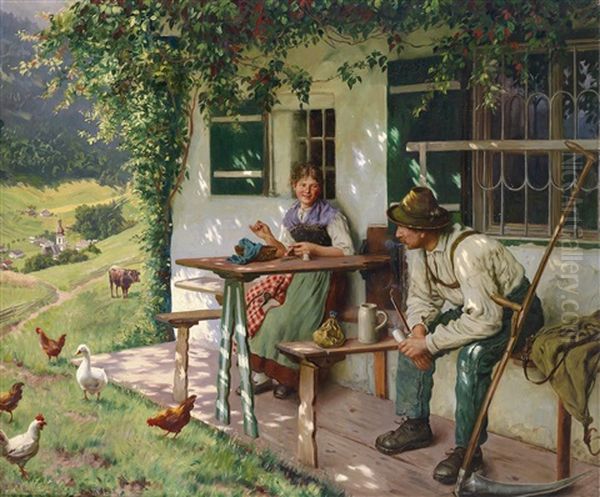 Junges Paar Vor Einem Bauernhaus In Oberbayern Oil Painting by Emil Rau