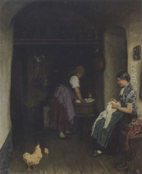 Zwei Wascherinnen In Der Bauernkuche Oil Painting by Emil Rau