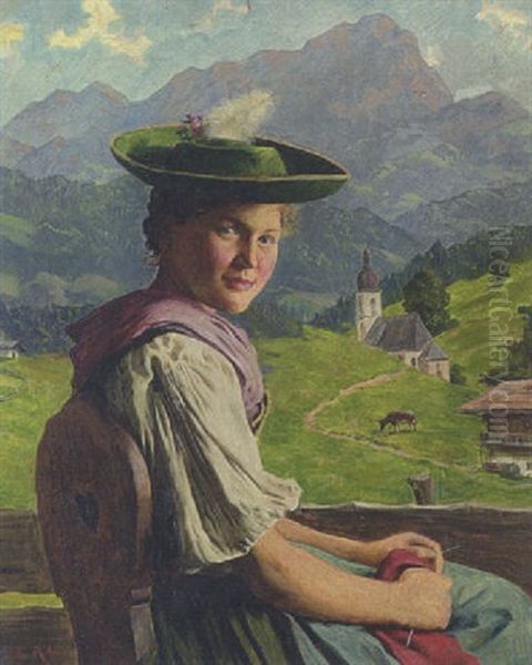 Dirndl Mit Strickzeug Oil Painting by Emil Rau