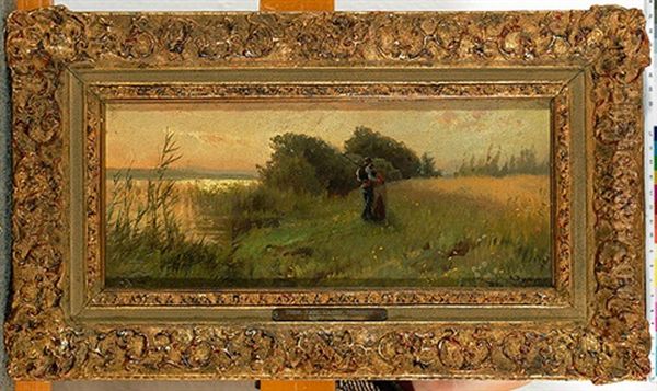 Abendliche Chiemseelandschaft Mit Landlichem Paar Am Ufer Des Sees Oil Painting by Karl Raupp