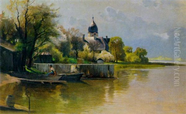 Frau Am Ufer Des Chiemsees Oil Painting by Karl Raupp