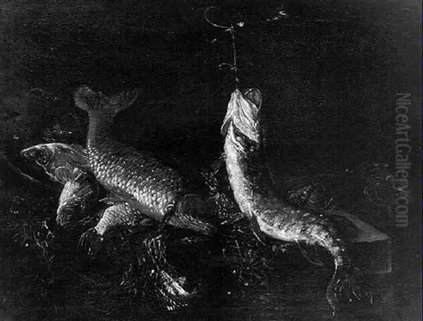 Still Life With Fish On A Ledge Before A Dark Background Oil Painting by Giuseppe Recco