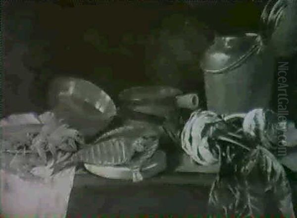 A Still Life Of A Lobster, Dried Fish And Radishes Among    Kitchen Pots, All Arranged On A Ledge Oil Painting by Giuseppe Recco