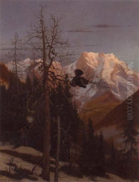 A Sportsman Shooting A Black Cock In A Snowy Alpine Landscape Oil Painting by Otto Recknagel