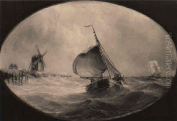 A Fishing Boat In A Choppy Sea Oil Painting by Henry Redmore
