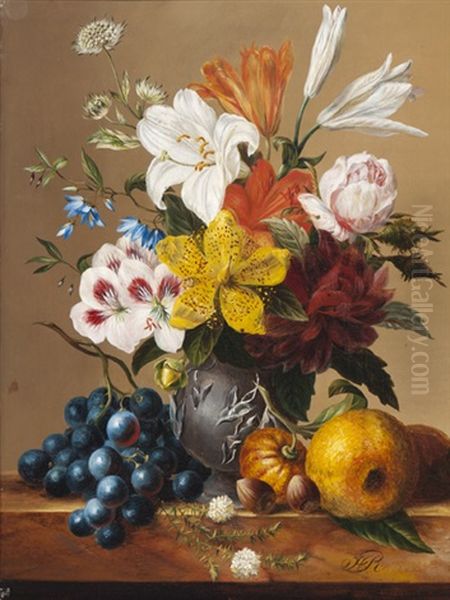 Still Life With Flowers In A Vase And Fruit And Hazelnuts On A Plinth Oil Painting by Hendrik Reekers
