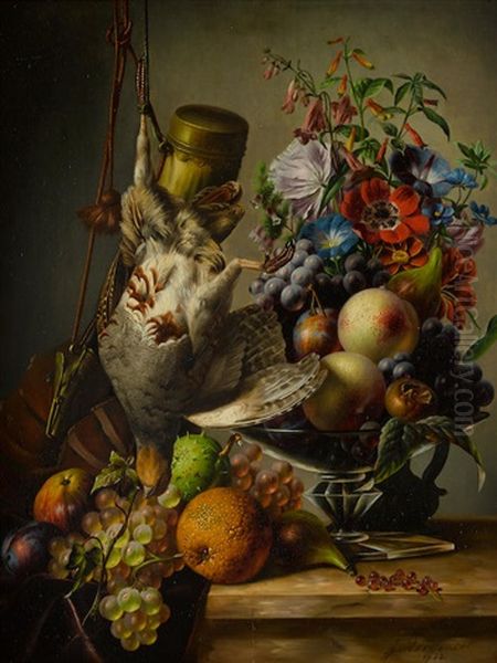 A Still Life With Game And Fruit On A Ledge Oil Painting by Johannes Reekers
