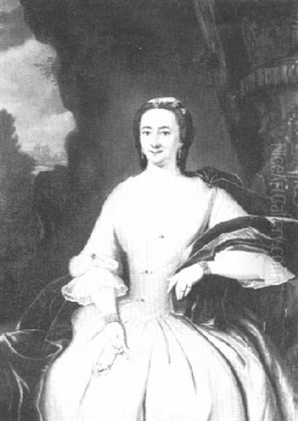 Portrait Of A Lady Three-quarter Length, Wearing A White Dress And Blue Stole Oil Painting by Tiebout Regters