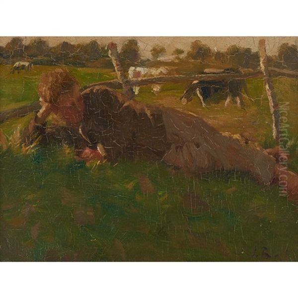 Boy Lying In A Field Oil Painting by Julius Christian Rehder