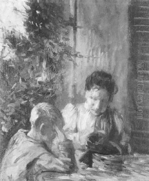 Ehefrau Und Sohn Des Kunstlers Am Tisch Oil Painting by Julius Christian Rehder