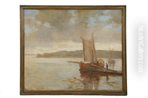 Fishing Boat At Dock With Gathering Clouds Oil Painting by Alexander Reich-Staffelstein