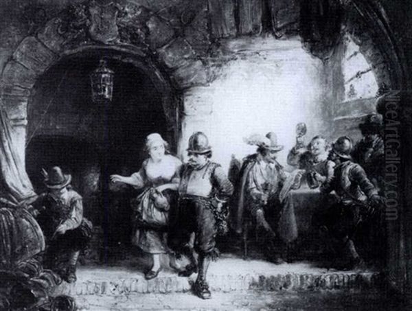 Figures At An Inn Oil Painting by Henricus Engelbertus Reijntjens