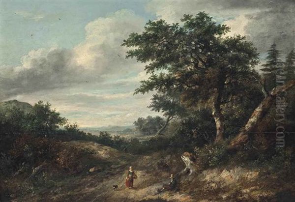 A Wooded Landscape With Travellers On A Path Oil Painting by Philipp Reinagle