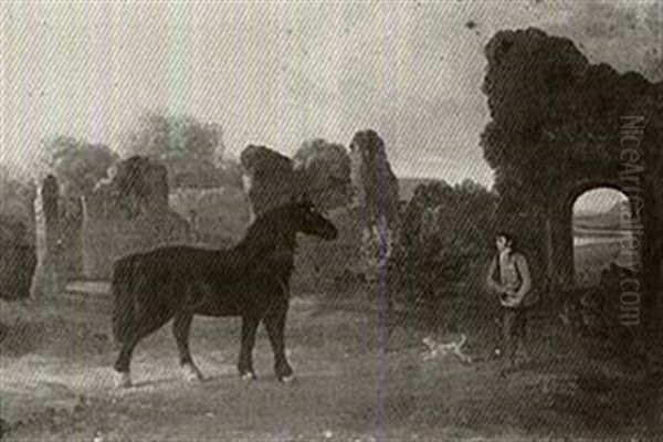 Robin Hood, A Draught Stallionwith A Groom And A Dog At     Jervaux Abbey, North Yorkshire Oil Painting by Philipp Reinagle
