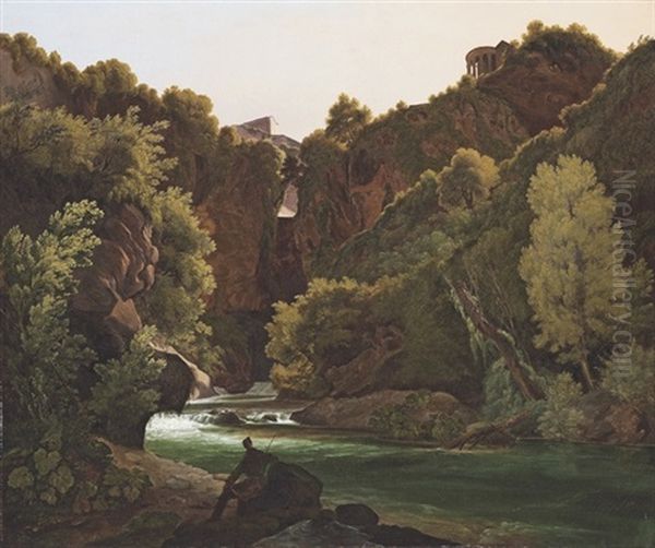 A View Of Tivoli, With A Traveller Resting On The Bank In The Foreground Oil Painting by Johann Christian Reinhart