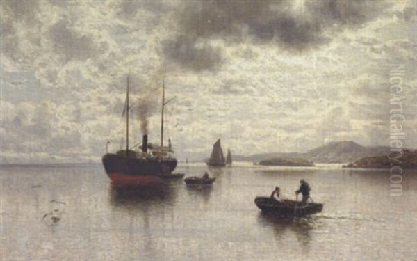 Marine Med Dampskib Og Robade Ud For Klippekyst Oil Painting by Paul Reiss