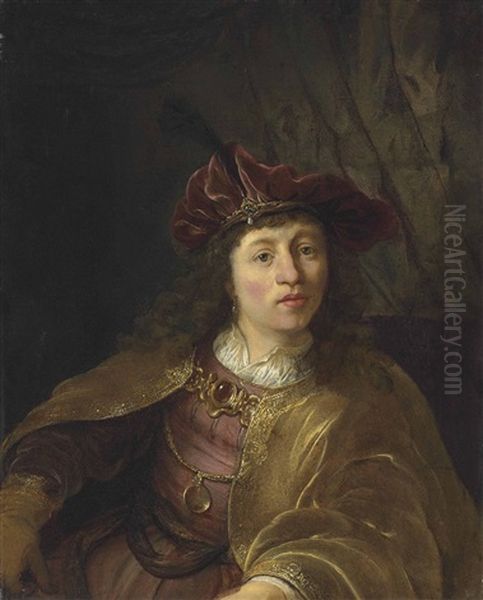 Portrait Of A Young Man, Half-length, In A White Shirt, Golden Mantel And Red Plumed Cap, Before A Draped Curtain Oil Painting by  Rembrandt van Rijn
