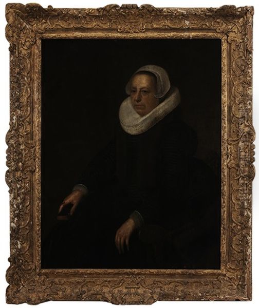 Portrait Of A Seated Lady, In Black Gown With Ruff Collar And Cap Oil Painting by  Rembrandt van Rijn