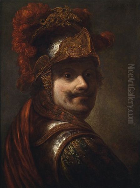 Eine Tronie Eines Mannes In Einem Brustpanzer Mit Federgeschmucktem Helm Oil Painting by Harmenszoon van Rijn Rembrandt