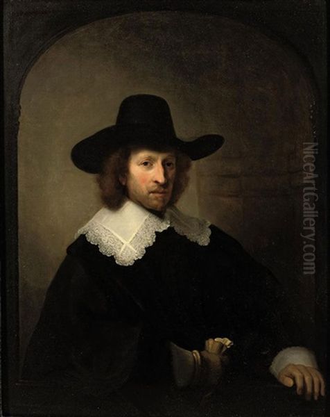 Portrait Of Nicolaes Bambeeck In A Black Costume With Lace Collar And Cuffs And A Black Hat, Holding Gloves In His Hand Oil Painting by  Rembrandt van Rijn