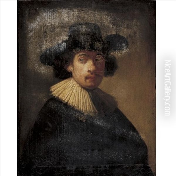 Portrait Of A Man, Half Length, Wearing A Black Hat Oil Painting by  Rembrandt van Rijn