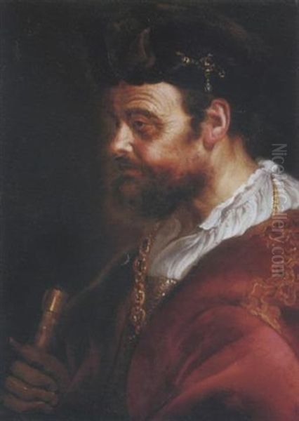 A Gentleman In A Gold-embroidered Red Velvet Gown, A White Chemise, A Golden Chain, A Black Hat And Leather Gloves, A Baton In His Hands Oil Painting by  Rembrandt van Rijn