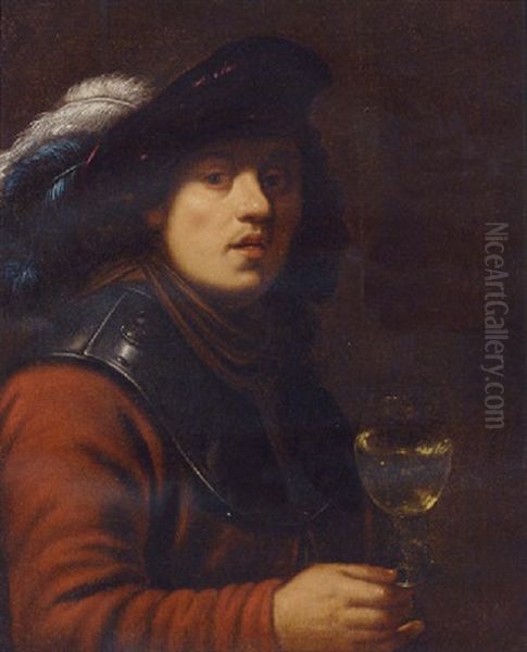 A Young Man In A Red Jacket And A Gorget With A Plumed Maroon Hat, A Roemer In His Right Hand Oil Painting by  Rembrandt van Rijn