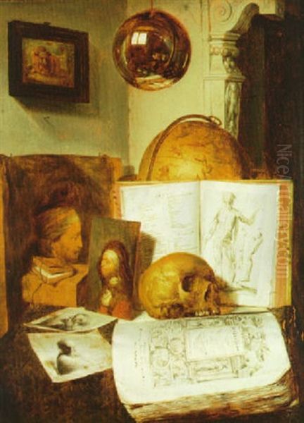 Vanitas Still Life With A Globe, Sketchbooks, A Skull, Two  Painted Portraits And Two Rembrandt Prints... Oil Painting by  Rembrandt van Rijn
