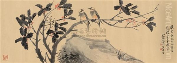 Flowers And Birds Oil Painting by  Ren Bonian