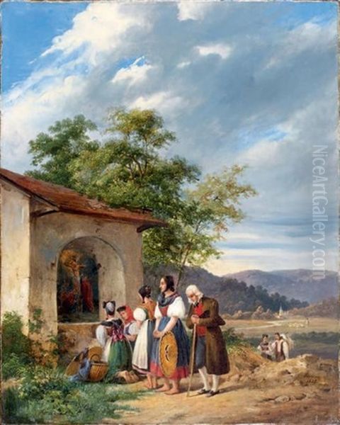 Villageois En Priere Devant Un Autel Dans La Vallee Du Comminges Oil Painting by Charles Renoux