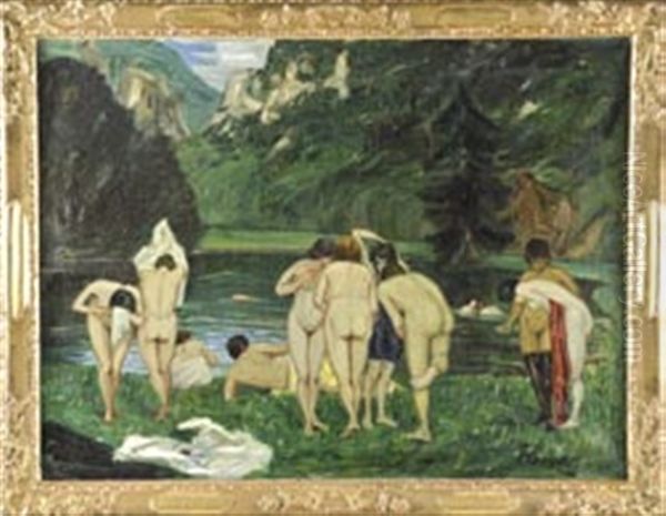 Gruppe Badender Am Bergsee Oil Painting by Alfred Renz