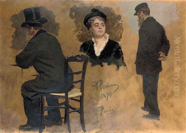 A Parisian Cafe : Arthur Meyer And A Female Head (study) Oil Painting by Repin Iliya
