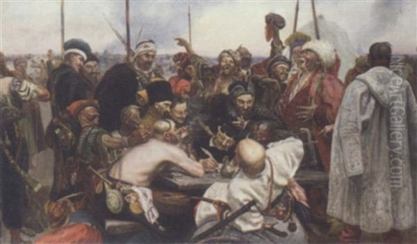 Zapoprozgii Cossacks Writing A Mocking Letter To The Turkish Sultan Oil Painting by Repin Iliya