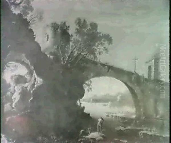 An Italiante River Landscape With S Bridge Over An Inlet    Fishermen In The Foreground Oil Painting by Pandolfo Reschi