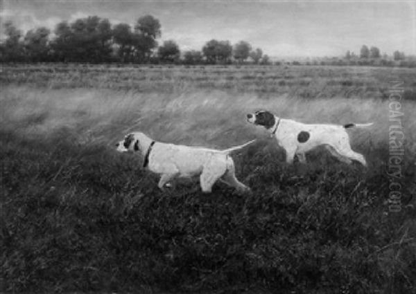 Jagdstuck. Zwei Vorstehhunde In Heidelandschaft Oil Painting by Caspar Von Reth