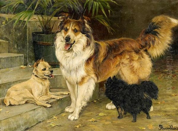 Portrat Dreier Hunde An Der Gartentreppe Oil Painting by Adeline von Reventlow
