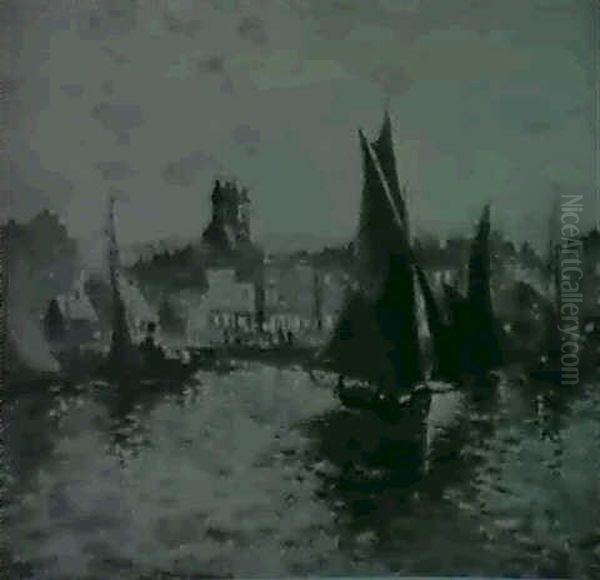 Voiliers Dans Le Port De Dieppe Oil Painting by Alphonse Rey