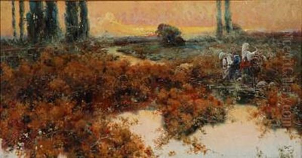 Two Women Washing Clothes At A Stream Near Rome Oil Painting by Antonio Maria de Reyna Manescau