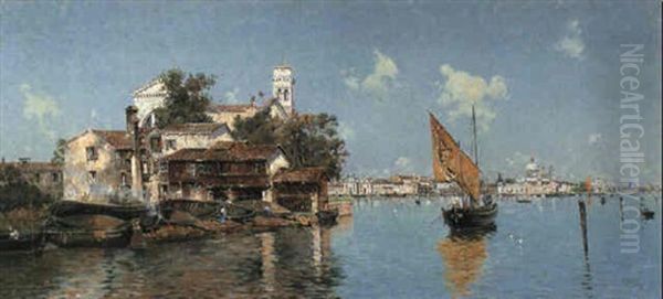 A Venetian Lagoon Oil Painting by Antonio Maria de Reyna Manescau