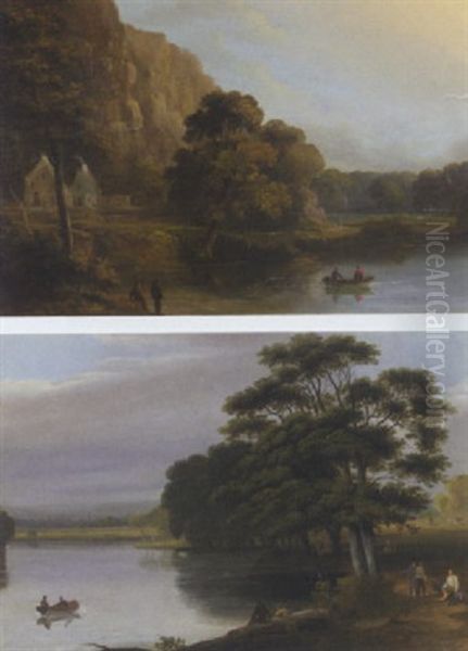 A River Landscape With Bathers And A Rowing Boat Oil Painting by Joseph Rhodes