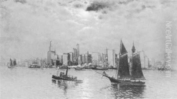 New York Harbor Oil Painting by Richard Dey de Ribcowsky