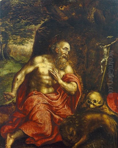 Der Hl. Hieronymus Im Gehaus Mit Lowe, Schadel Und Kruzifix Oil Painting by Jusepe de Ribera