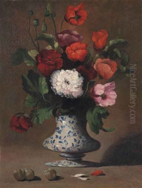 Poppies And Chrysanthemums In A Vase Oil Painting by Germain Theodore Ribot