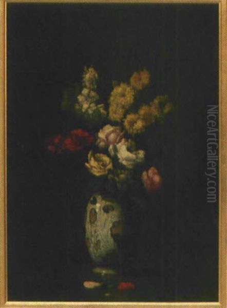Bunter Blumenstraus In Bemalter Vase Oil Painting by Germain Theodore Ribot