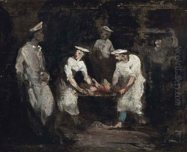 A Busy Kitchen Oil Painting by Theodule Augustine Ribot